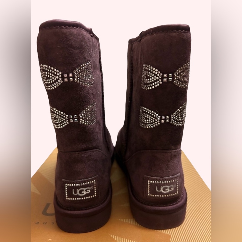 UGG Women's Purple Suede Tall Boots with Rhinestone Bows